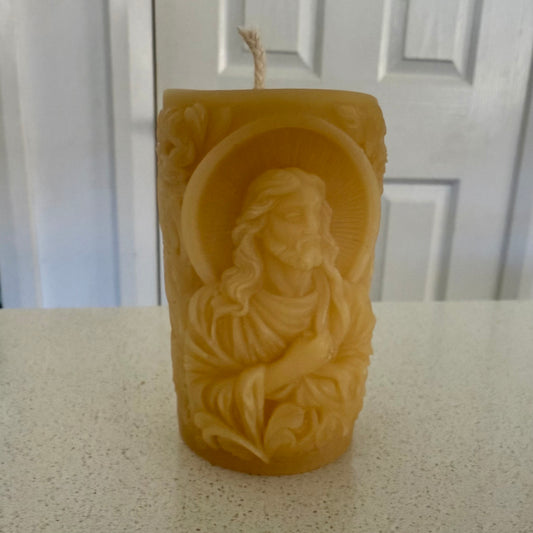 Pure Beeswax Candle with Image of Jesus and Ornate Cross
