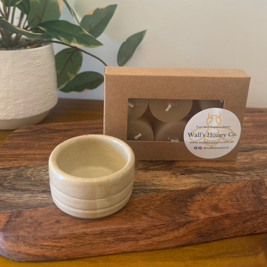 “Sand” Pottery Tall Tea Light Beeswax Candle Holder and Pack of 6 candles