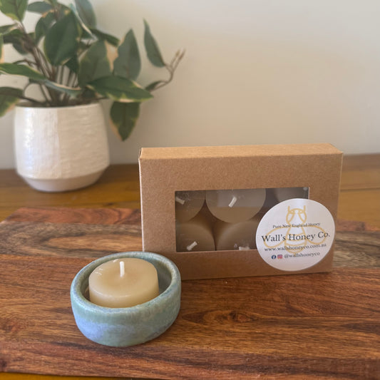 “Jade” Pottery Tall Tea Light Beeswax Candle Holder and Pack of 6 candles