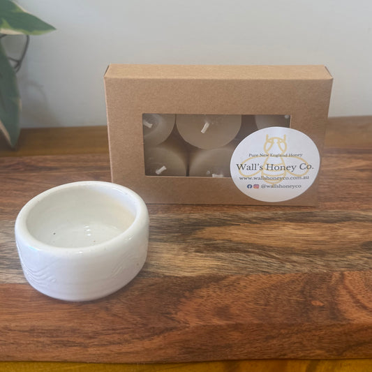 “Oceane” Pottery Tall Tea Light Beeswax Candle Holder and Pack of 6 candles