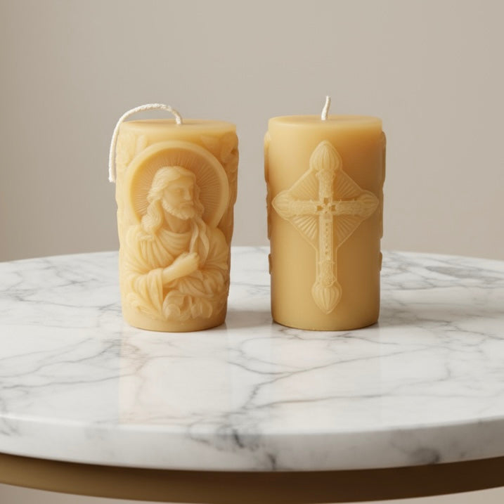 Pure Beeswax Candle with Image of Jesus and Ornate Cross
