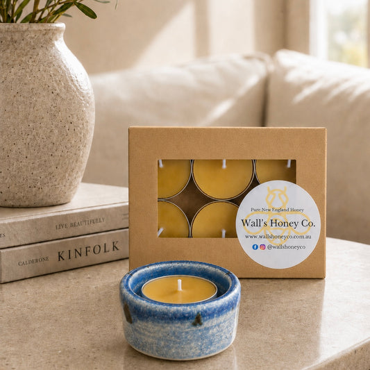 “Indigo” Pottery Tea Light Beeswax Candle Holder and Pack of 6 candles