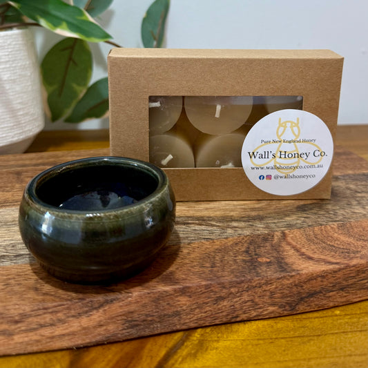 “Tide” Pottery Tall Tea Light Beeswax Candle Holder and Pack of 6 candles