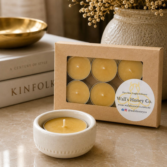 “Alabaster Glow” Pottery Tea Light Beeswax Candle - Pack of 6.