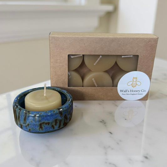 “Arabella” Pottery Tall Tea Light Beeswax Candle Holder and Pack of 6 candles