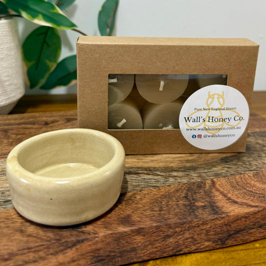 “Dune” Pottery Tall Tea Light Beeswax Candle Holder and Pack of 6 candles