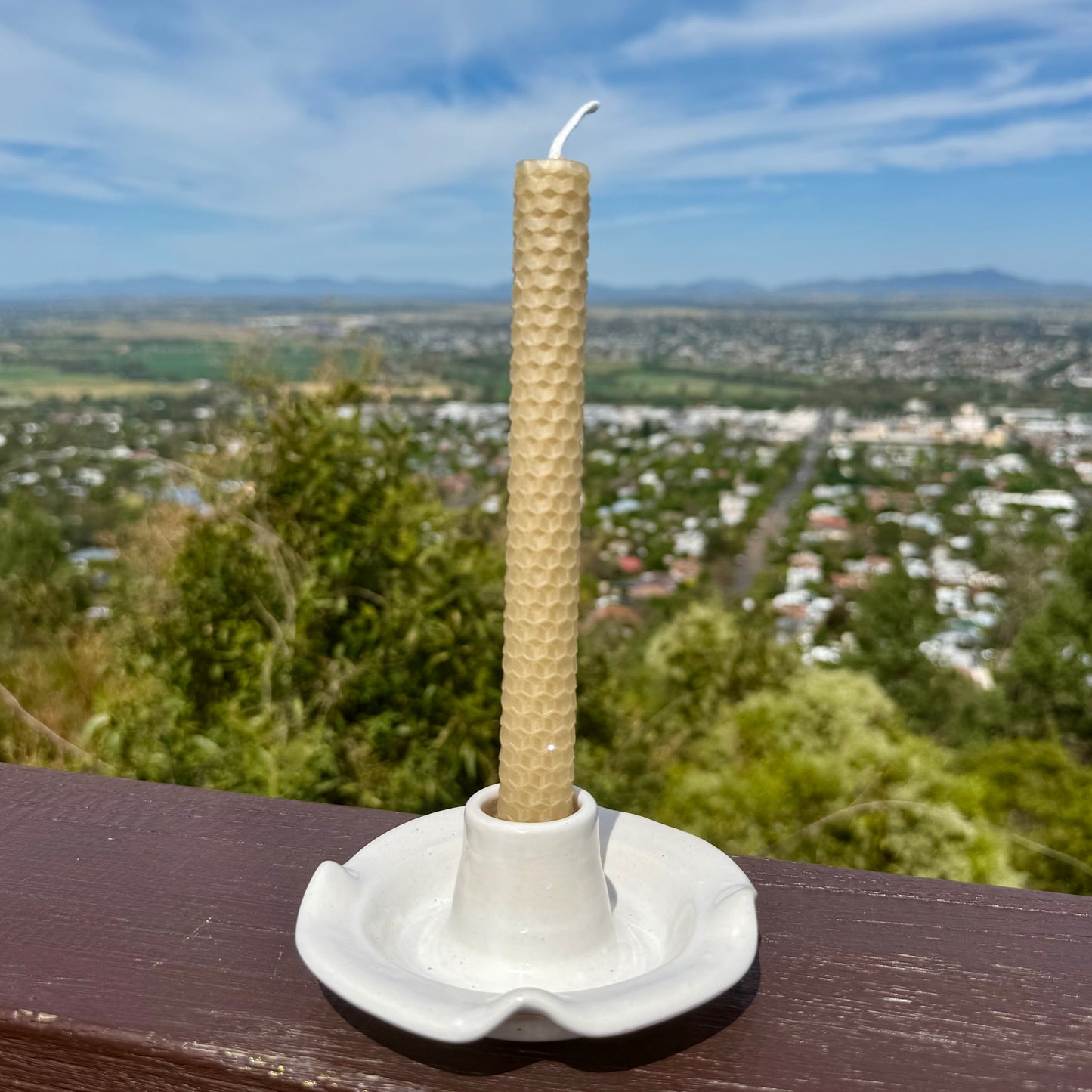 “Clara” Locally Made Pottery Dinner Candle Holder (with rolled or taper pure beeswax candle).