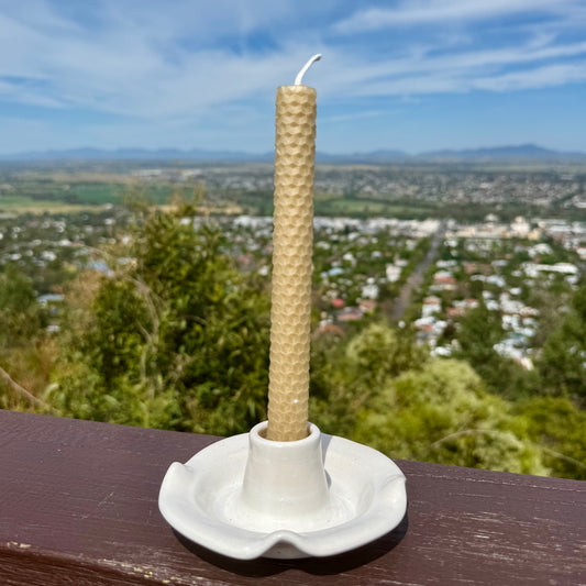 “Clara” Locally Made Pottery Dinner Candle Holder (with rolled or taper pure beeswax candle).
