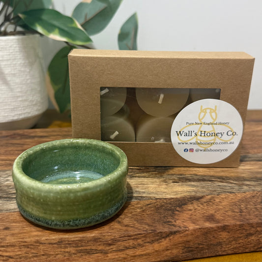 “Theodora” Pottery Tall Tea Light Beeswax Candle Holder and Pack of 6 candles