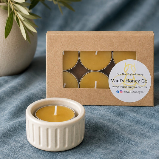 “Arbor” Pottery Tea Light Beeswax Candle Holder and Pack of 6 candles