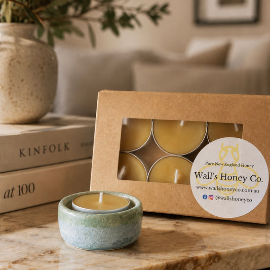 “Jade” Pottery Tea Light Beeswax Candle Holder and Pack of 6 candles