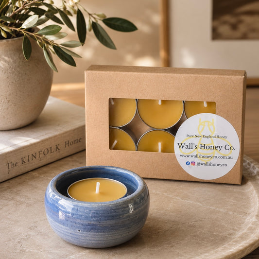 “Skye” Pottery Tea Light Beeswax Candle Holder and Pack of 6 candles