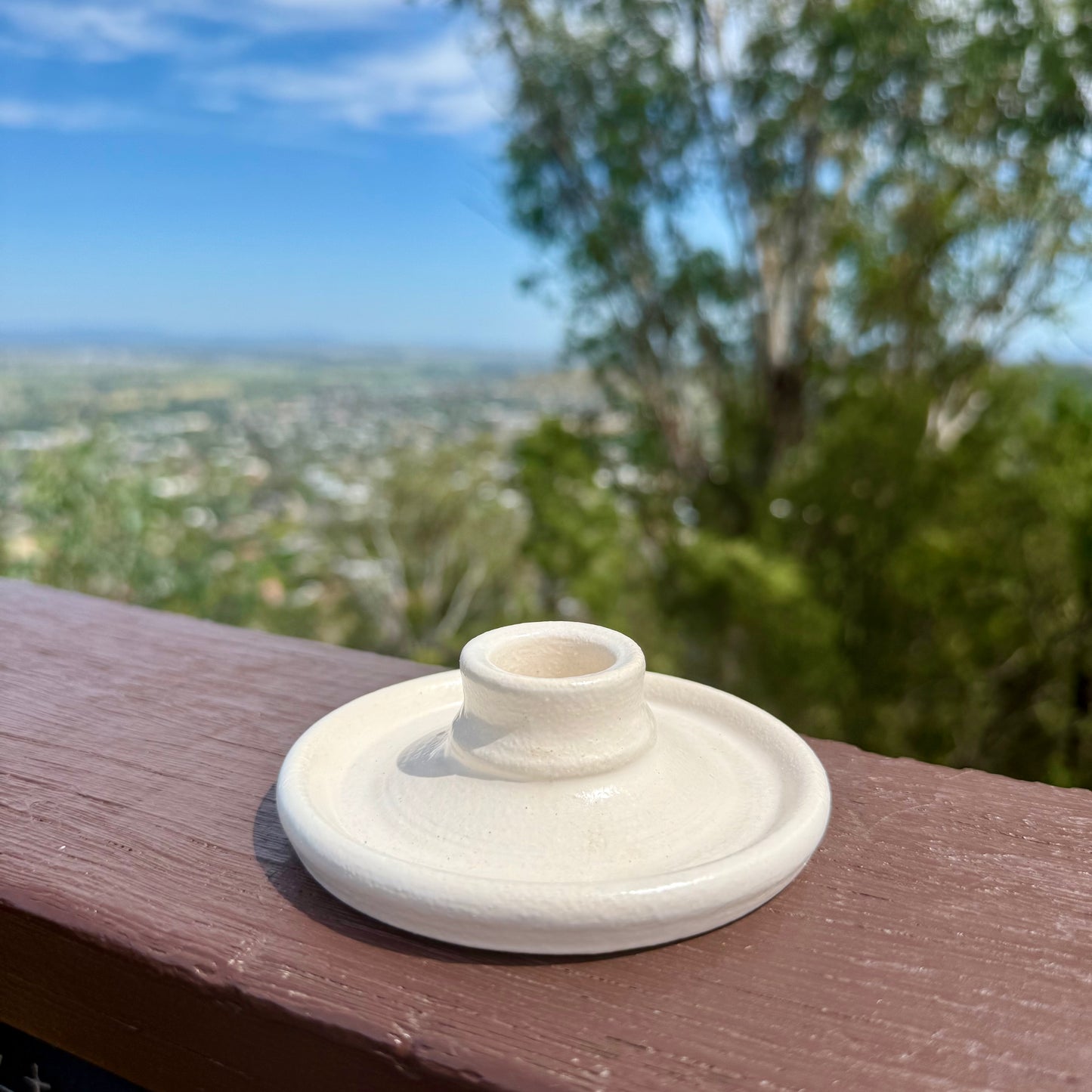 “Florence” Locally Made Pottery Dinner Candle Holder (with rolled or taper pure beeswax candle).