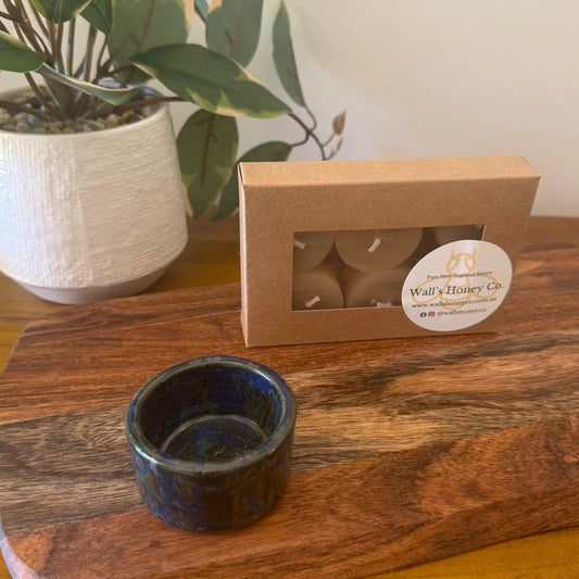 “Pearl” Pottery Tall Tea Light Beeswax Candle Holder and Pack of 6 candles