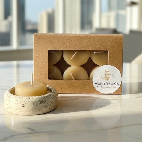 “Wren” Pottery Tall Tea Light Beeswax Candle Holder and Pack of 6 candles