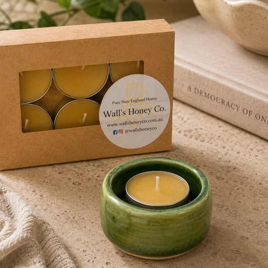 “Acacia” Pottery Tea Light Beeswax Candle Holder and Pack of 6 candles