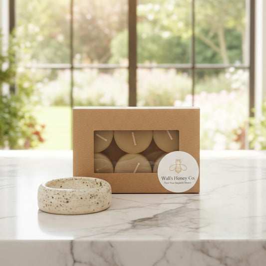 “Wren” Pottery Tall Tea Light Beeswax Candle Holder and Pack of 6 candles