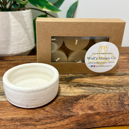 “Reef” Pottery Tall Tea Light Beeswax Candle Holder and Pack of 6 candles
