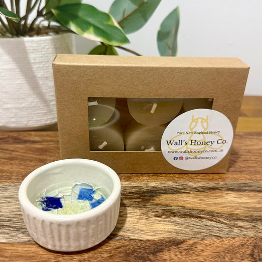 “Eira” Pottery Tall Tea Light Beeswax Candle Holder and Pack of 6 candles