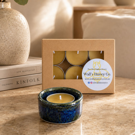 “Wren” Pottery Tea Light Beeswax Candle Holder and Pack of 6 candles