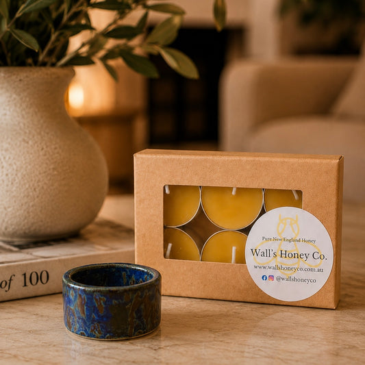 “Pearl” Pottery Tea Light Beeswax Candle Holder and Pack of 6 candles