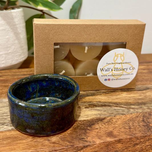 “Wren” Pottery Tall Tea Light Beeswax Candle Holder and Pack of 6 candles