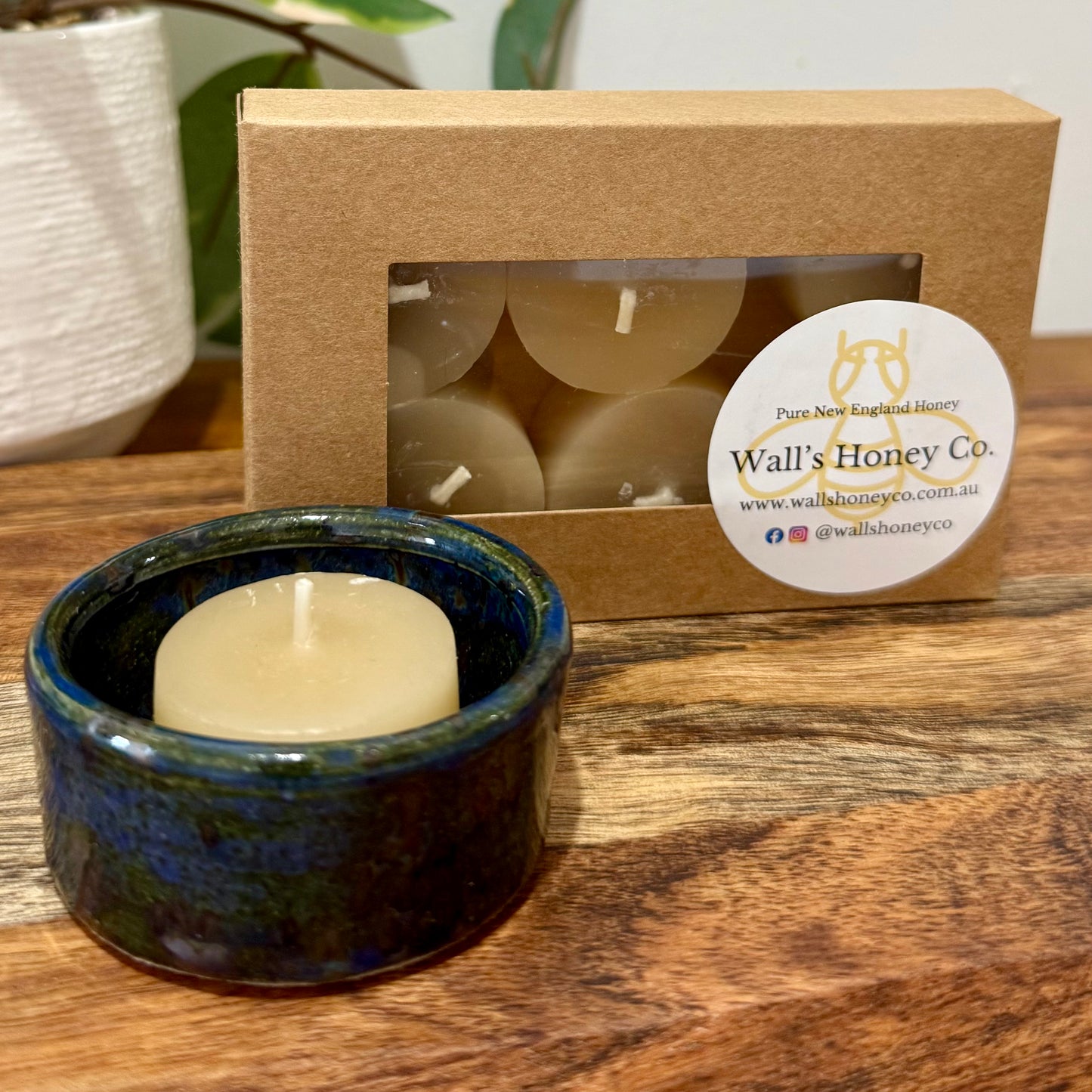 “Wren” Pottery Tall Tea Light Beeswax Candle Holder and Pack of 6 candles