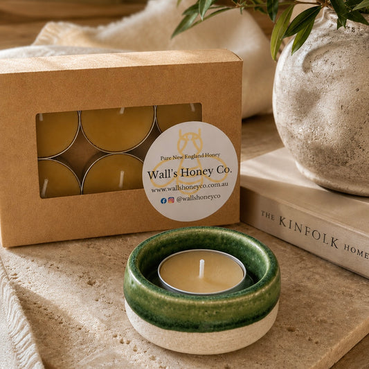 “River” Pottery Tea Light Beeswax Candle Holder and Pack of 6 candles