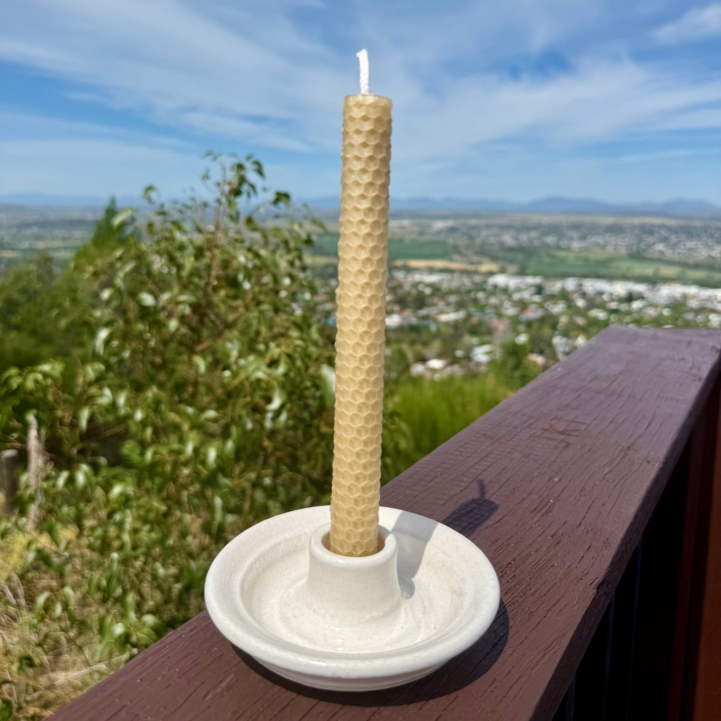 “Lillian” Locally Made Pottery Dinner Candle Holder (with rolled or taper pure beeswax candle).