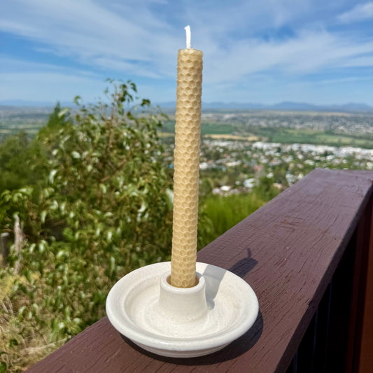 “Lillian” Locally Made Pottery Dinner Candle Holder (with rolled or taper pure beeswax candle).