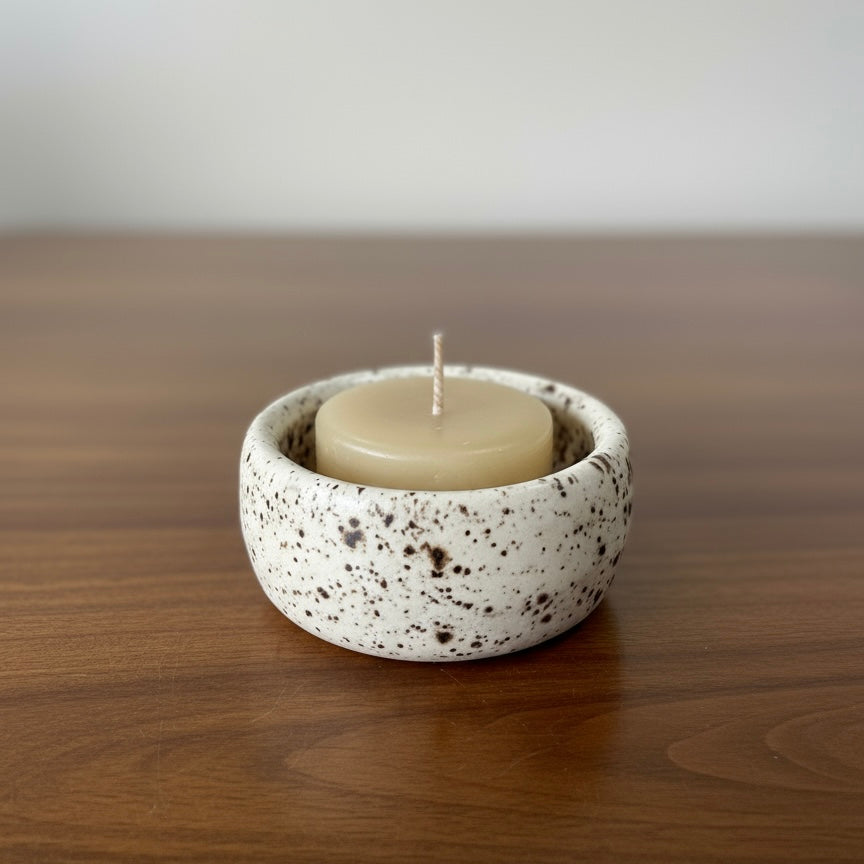 “Speckled” Pottery Tall Tea Light Beeswax Candle Holder and Pack of 6 candles