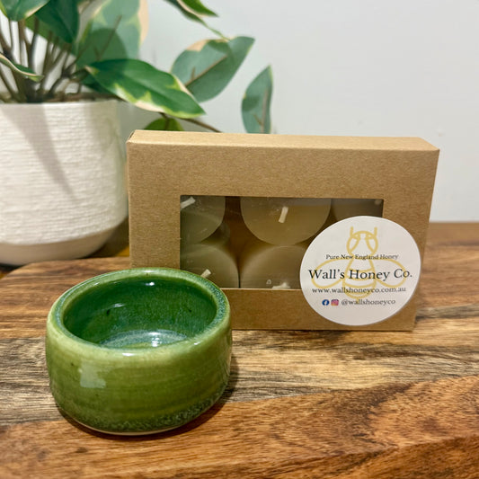 “Acacia” Pottery Tall Tea Light Beeswax Candle Holder and Pack of 6 candles