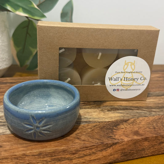 “Bloom” Pottery Tall Tea Light Beeswax Candle Holder and Pack of 6 candles