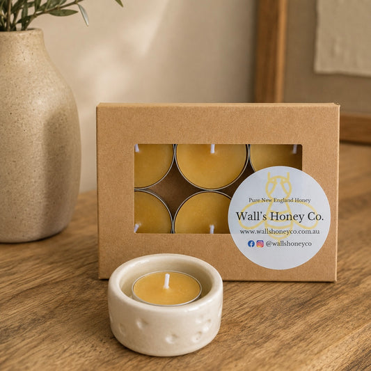 “Dotti” Pottery Tea Light Beeswax Candle Holder and Pack of 6 candles