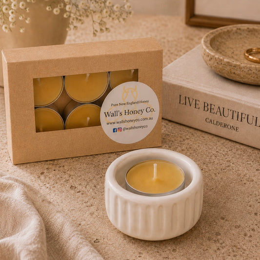 “Lark” Pottery Tea Light Beeswax Candle Holder and Pack of 6 candles