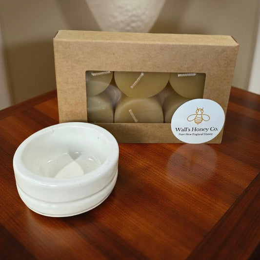 “Alice” Pottery Tall Tea Light Beeswax Candle Holder and Pack of 6 candles