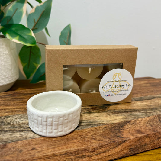 “Summit” Pottery Tall Tea Light Beeswax Candle Holder and Pack of 6 candles