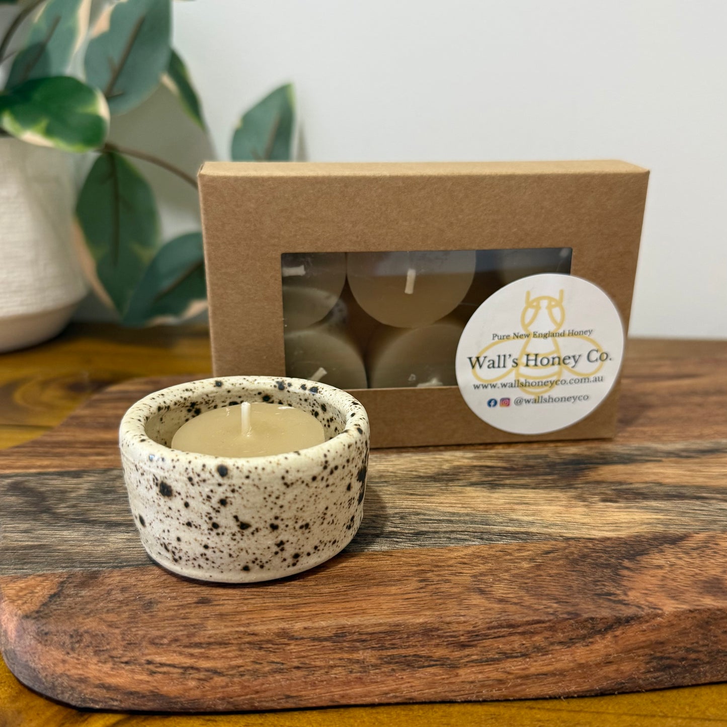 “Brook” Pottery Tall Tea Light Beeswax Candle Holder and Pack of 6 candles