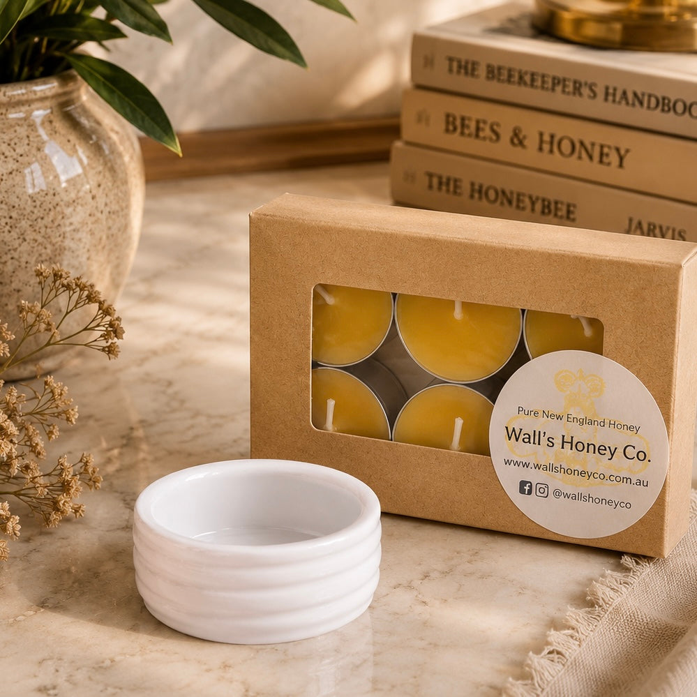 “Juniper” Pottery Tea Light Beeswax Candle Holder and Pack of 6 candles