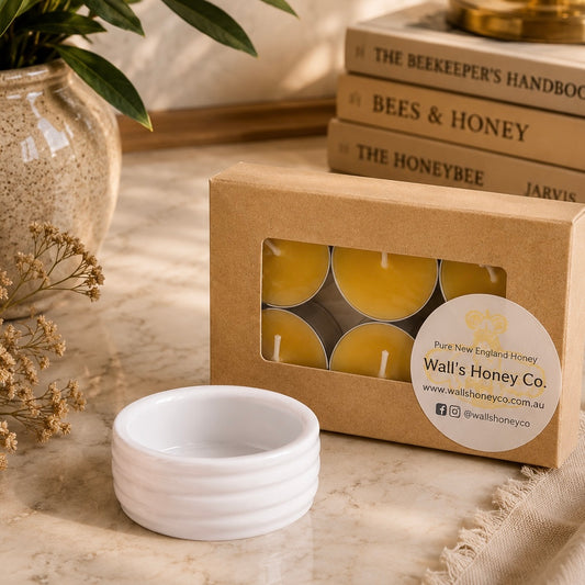 “Juniper” Pottery Tea Light Beeswax Candle Holder and Pack of 6 candles