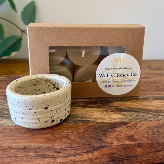 “Brook” Pottery Tall Tea Light Beeswax Candle Holder and Pack of 6 candles