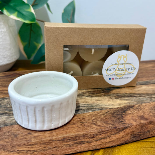 “Arbor” Pottery Tall Tea Light Beeswax Candle Holder and Pack of 6 candles