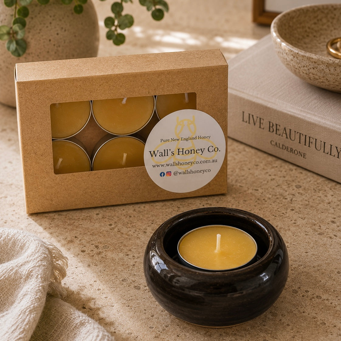 “Cody” Pottery Tea Light Beeswax Candle Holder and Pack of 6 candles