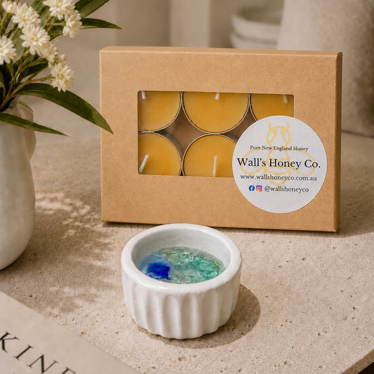 “Eira” Pottery Tea Light Beeswax Candle Holder and Pack of 6 candles