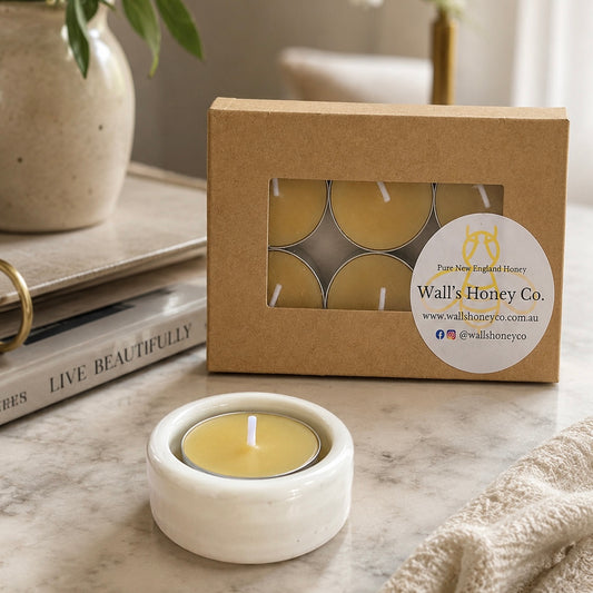 “Reef” Pottery Tea Light Beeswax Candle Holder and Pack of 6 candles