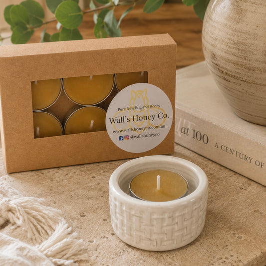 “Summit” Pottery Tea Light Beeswax Candle Holder and Pack of 6 candles