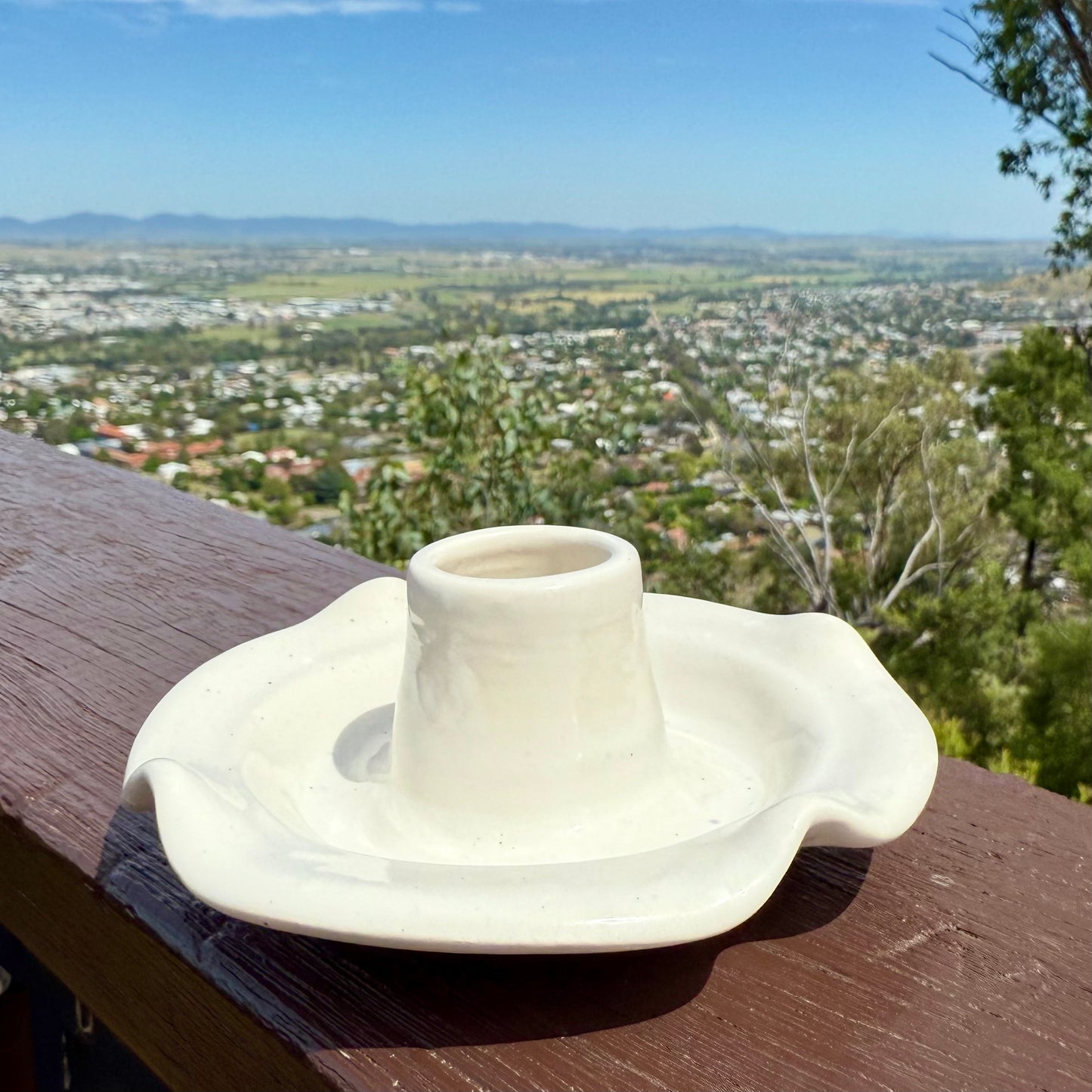 “Clara” Locally Made Pottery Dinner Candle Holder (with rolled or taper pure beeswax candle).