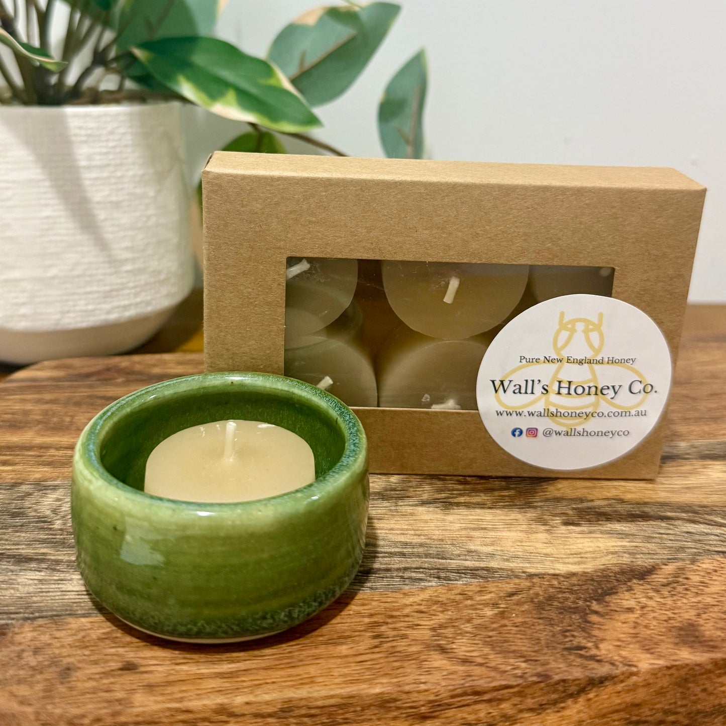 “Acacia” Pottery Tall Tea Light Beeswax Candle Holder and Pack of 6 candles