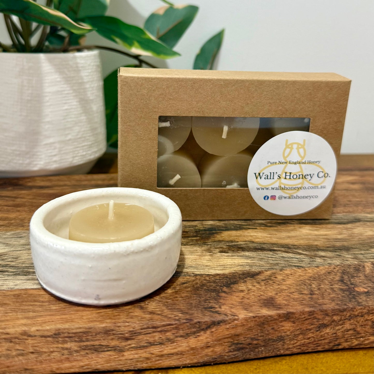 “Reef” Pottery Tall Tea Light Beeswax Candle Holder and Pack of 6 candles