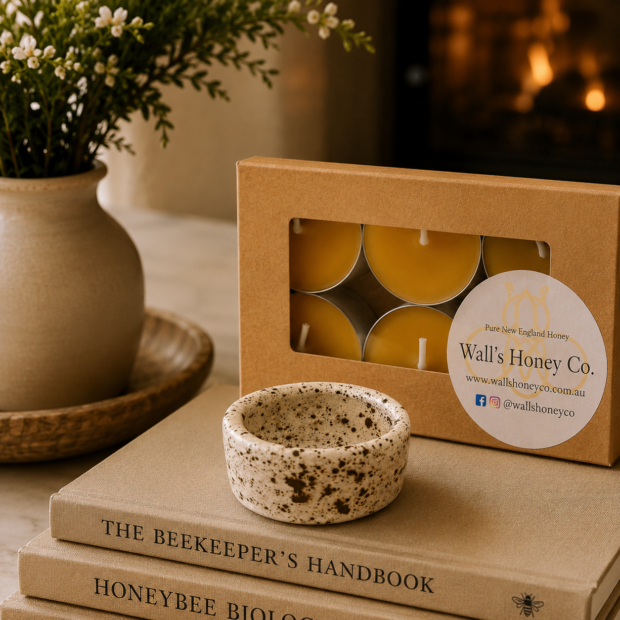 “Olive” Pottery Tea Light Beeswax Candle Holder and Pack of 6 candles